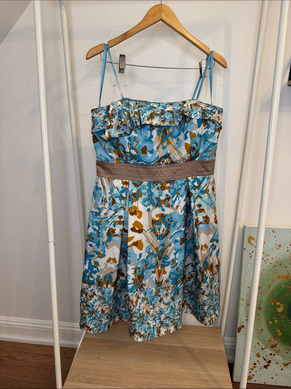 BCBG Blue Floral Satin Cocktail Dress with Taupe Waistband size 12